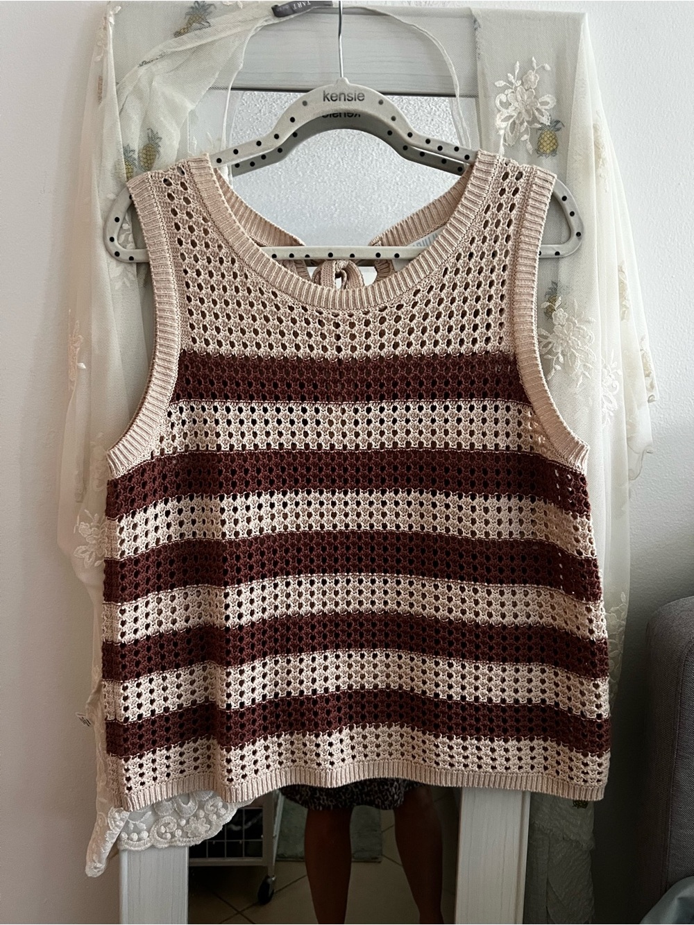 Striped Crochet Tank Sweater in Cream and Brown by Bunulu